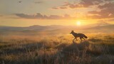 Fototapeta Konie - 8K wallpaper of a coyote trotting through a grassy plain at dawn, with the first light illuminating the surrounding landscape and distant mountains