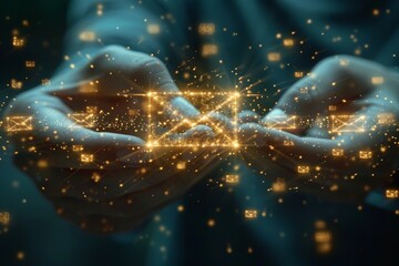Poster - A concept image of hands cradling glowing digital envelopes, symbolizing modern communication