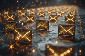 Poster - Numerous digital envelopes forming a pattern on a reflective surface highlighted with golden sparkles