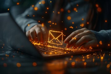 Poster - A person's hands typing on a laptop keyboard with a sparkling email icon, symbolizing digital communication and connectivity