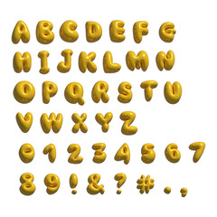 3D yellow Bubble Typeface Design. Trendy y2k font with glossy metallic effect. Set includes Alphabet, Numbers, Punctuation Marks. Raster render illustration.