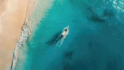 Sticker - aerial view of boat in turquoise ocean waves, white sand beach