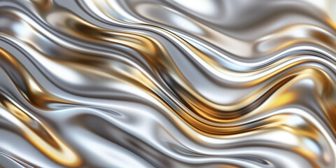 Poster - silver and gold wavy background, digital art with fluid lines and smooth curves, highly detailed, hyper realistic, octane render, metallic texture, metallic sheen, high resolution, high definition