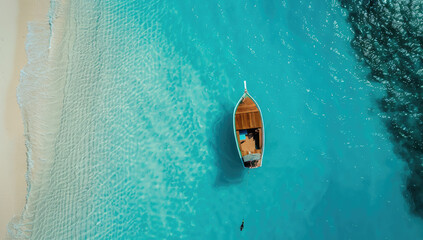 Wall Mural - aerial view of boat in turquoise ocean waves, white sand beach