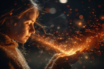 Poster - An ethereal person produces a shower of golden sparkles from their hands, lighting up the surrounding darkness