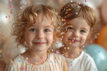 Two joyful children with bright smiles enjoying a playful rain of confetti, filling the air with happiness