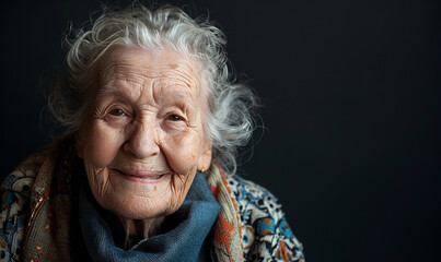 Wall Mural - Elderly woman smiling, beautiful, black background