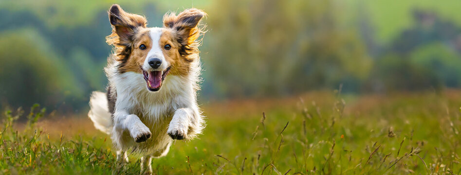 Pet dog running retrieving with tennis balls playing catch-up game, Cute funny jumps happily a field blurred background