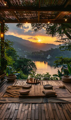 Sunset view from modern wooden terrace overlooking tranquil lake. Serene nature and relaxation concept. Design for wallpaper, poster, greeting card.