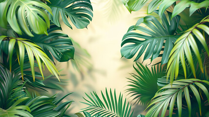 Wall Mural - Tropical leaves background vector presentation design, green monstera and palm leaves framing a beige background