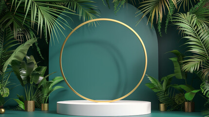 Wall Mural - White Product Podium with Tropical Palm Leaves and Golden Round Arch on Green Wall Showcase Elegance