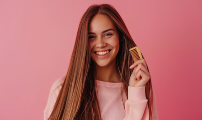 Wall Mural - young woman smiles and enjoys her beauty, combes long straight hair after applying mask, stands