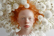 Charismatic albino girl with red hair and faded dandelions