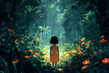 Wall Mural - Young girl exploring a mystical, flower-filled jungle