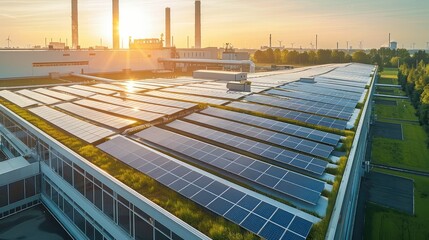 Poster - Warm sunny summer weather, a huge new plant on the roof of which there are many solar panels. Aerial view. Generative AI.