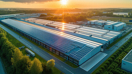 Wall Mural - Warm sunny summer weather, a huge new plant on the roof of which there are many solar panels. Aerial view. Generative AI.