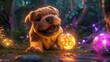 A 3D kawaii Bullmastiff pup with a friendly grin, playing fetch with a glowing orb in a mystical forest