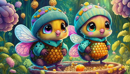 Wall Mural - oil painting style cartoon character illustration Many cute baby bees dig around on honeycombs in which there is honey,