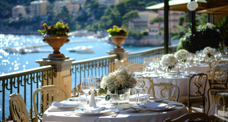 Wall Mural - Dining tables were set up on the terrace of an elegant restaurant with a sea view in Monaco, overlooking lush greenery and blue waters