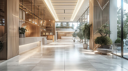 Poster - Interior architectural design of commercial shops, minimal style, vegetation. Generative AI.