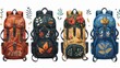 Bags and backpacks decorated with abstract stickers, badges, tags. Customized teen packs with craft ornaments. Isolated flat modern illustration.