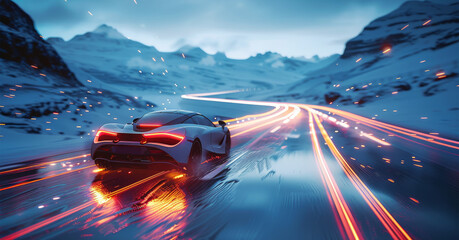 Poster - Compact car with light trails all around, riding on a road with ice surface, alps, blue and white trails of light, slow shutter. Generative AI.