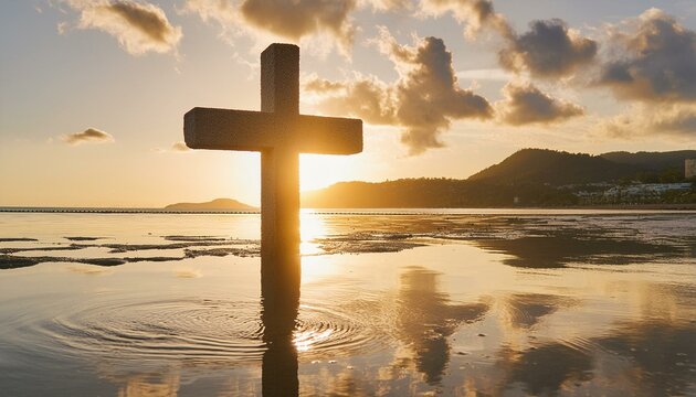 The Wooden Christian Cross In the Still Water. 