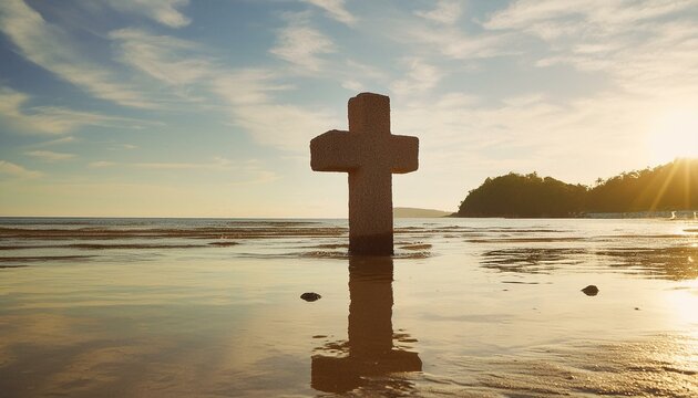 The Wooden Christian Cross In the Still Water. 