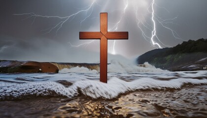 Wall Mural - The Wooden Christian Cross In The Rough Water While The Storm. 