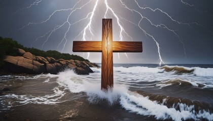 Wall Mural - The Wooden Christian Cross In The Rough Water While The Storm. 