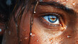 Illustration of a close-up of a woman's face with raindrops in heavy rain.