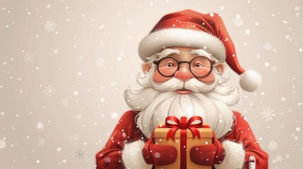 Old bearded man with hat and box for winter holiday. Flat modern illustration isolated on white background. Santa Claus holding a Christmas present.