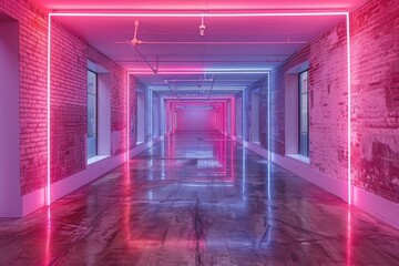 Poster - The contrasting pink neon lights create a glowing ambiance in a long corridor with exposed brick walls inducing a modern vibe