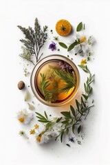 Wall Mural - Tea with herbs and flowers in a cup top view. Generative AI,