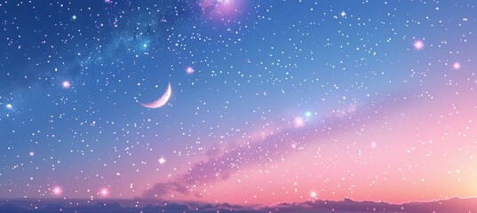 Wall Mural - dusk majestic purple violet sky with moon and stars. nature panoramic view. generative ai technology