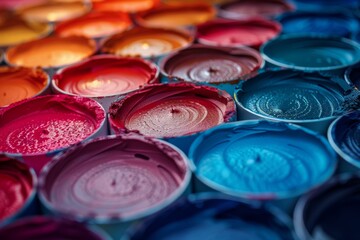 Poster - This image captures an array of open paint cans with their lids showing a spectrum of bright, bold paints in circular patterns