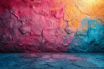 Poster - Stunning abstract background of a paint-splattered wall transitioning from pink to blue hues, exhibiting motion and warmth