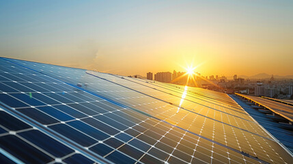 Aufkleber - Solar panels sprawling across a rooftop, with the city skyline, the sun shining brightly as a symbol of sustainable energy powering the urban landscape. Generative AI.
