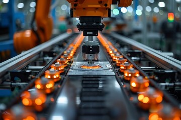 Poster - This image zeros in on the precise movements of an industrial robot handling small electronic parts on a manufacturing line
