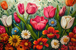 Lively Spring Garden Adorned with Tulips and Daisies