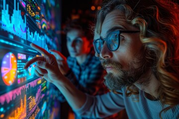 Poster - An individual is seen interacting with multiple screens displaying colorful complex data visualizations and graphs