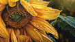 Close-up of a yellow sunflower with raindrops beading off it