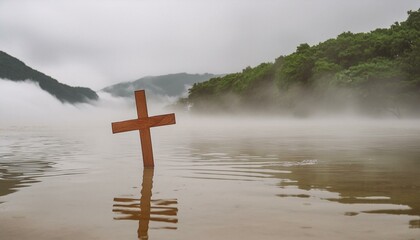 Wall Mural - The Wooden Christian Cross In The Misty and Foggy Water. 