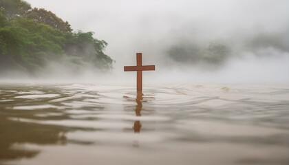 The Wooden Christian Cross In The Misty and Foggy Water. 