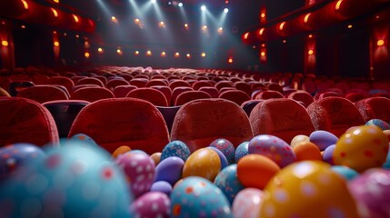 Aufkleber - Cinema theater, cinema seats background, the seats are filled with easter eggs. Generative AI.