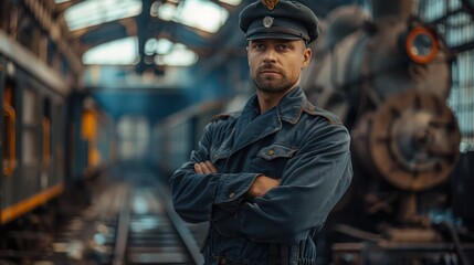 Wall Mural - Portrait of a confident young man working in railway workshop. Male engineer in uniform standing with his arms crossed in railway maintenance workshop.