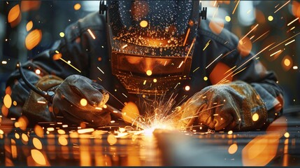 Poster - Close-up view of a man worker welding in high-tech industrial setting, electric arcs and sparks. Generative AI.