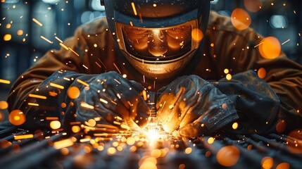 Poster - Close-up view of a man worker welding in high-tech industrial setting, electric arcs and sparks. Generative AI.