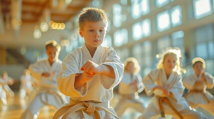 Wall Mural - Young Karate fighters, school age children practising karate. They are all dressed in karategi-karate uniform. Interior of karate school in Mississauga, Ontario in Canada.