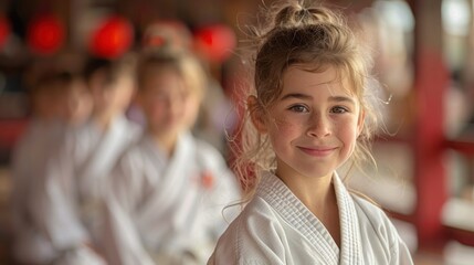 Wall Mural - Young Karate fighters, school age children practising karate. They are all dressed in karategi-karate uniform. Interior of karate school in Mississauga, Ontario in Canada.